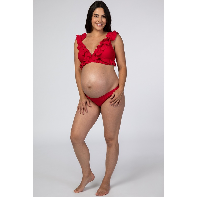 Red Ruffle Accent Maternity Bikini Set