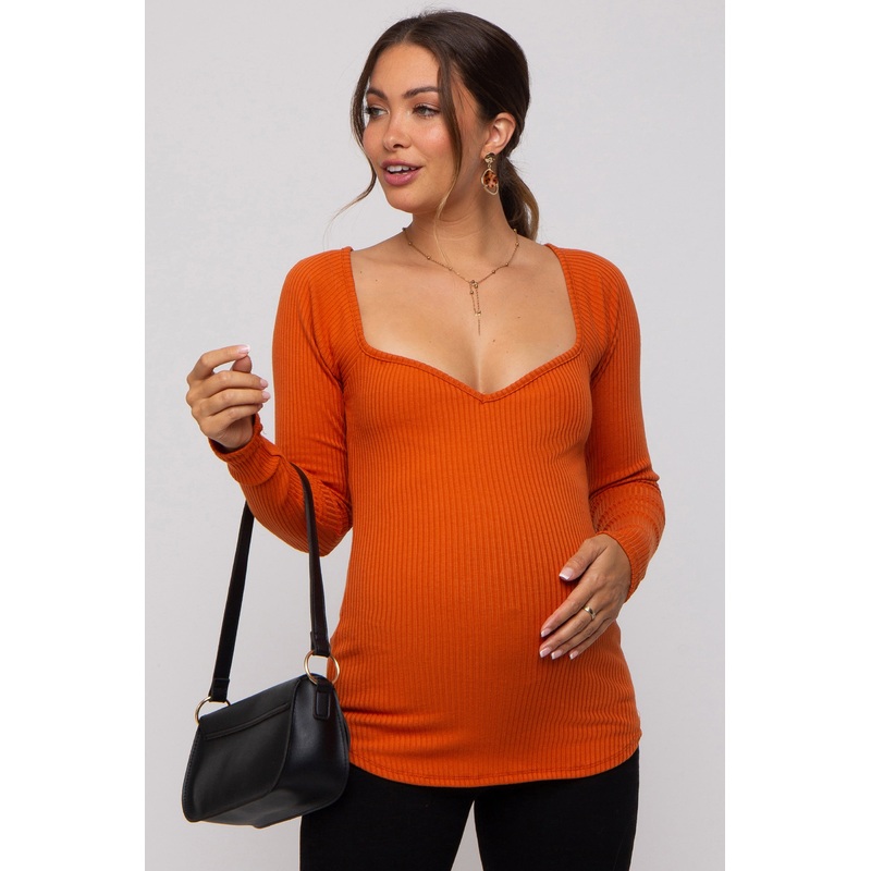 Rust Ribbed Sweetheart Neck Long Sleeve Maternity Top
