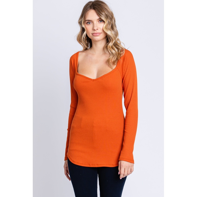 Rust Ribbed Sweetheart Neck Long Sleeve Top