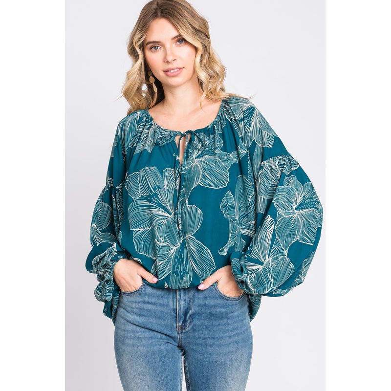 Teal Floral Tie Detail Long Sleeve Blouse