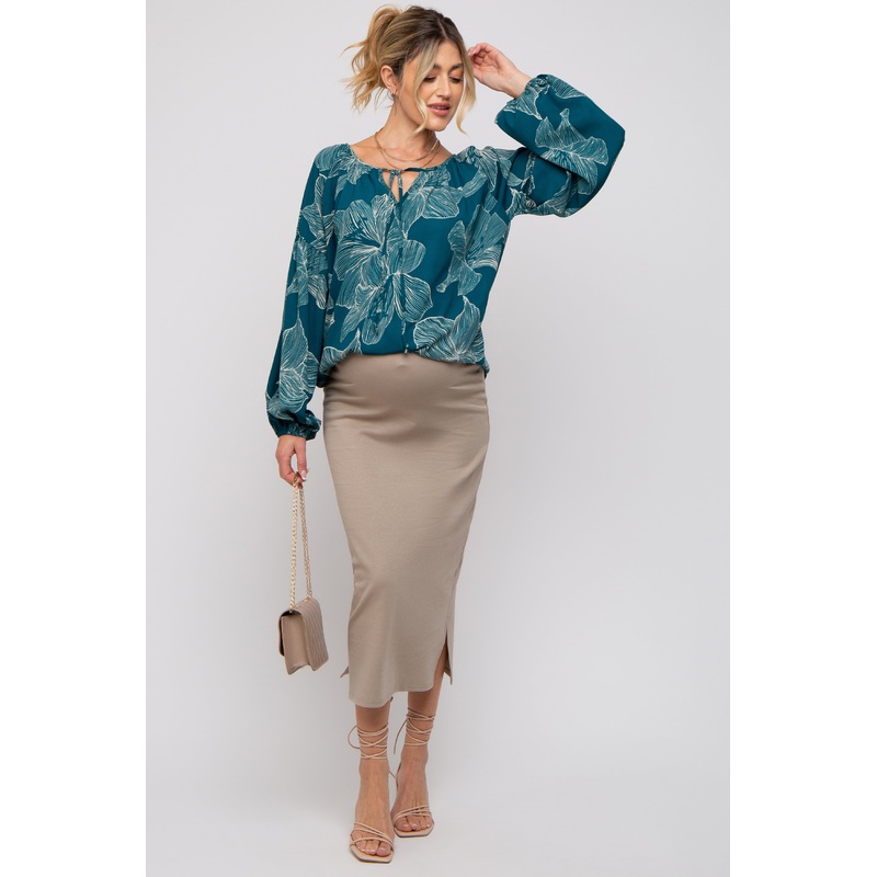 Teal Floral Tie Detail Long Sleeve Maternity Blouse