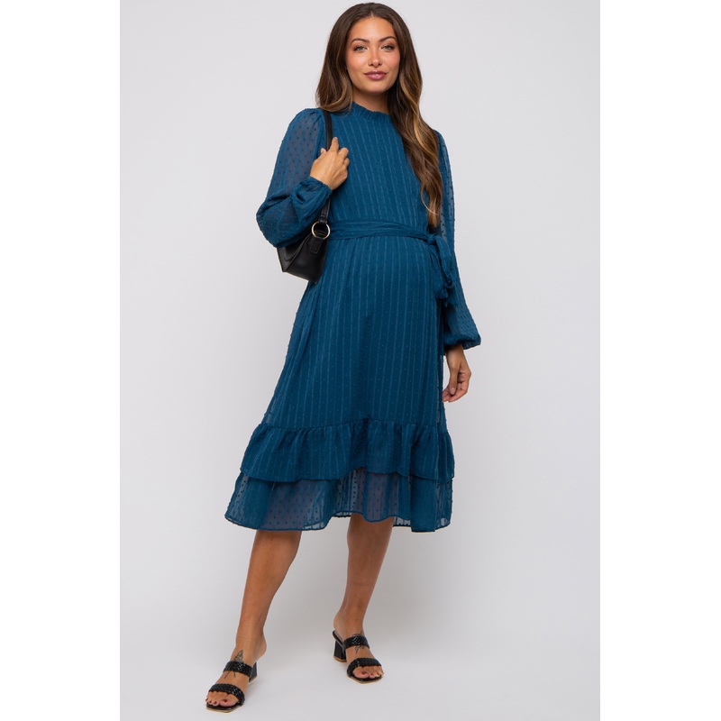 Teal Swiss Dot Ruffle Accent Maternity Midi Dress