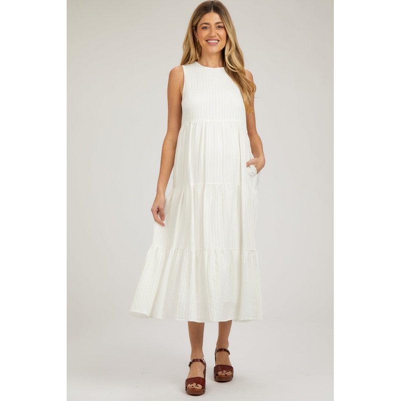 White Sleeveless Tiered Maternity Maxi Dress
