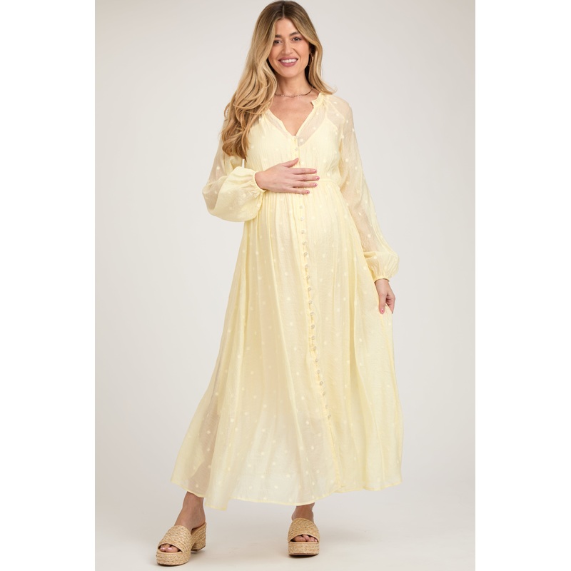 Yellow Embroidered Maternity Button Down Maxi Dress