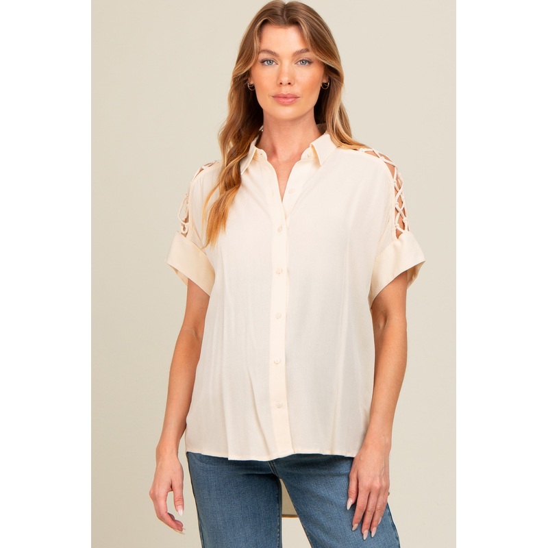 Beige Button Down Lace-Up Shoulder Maternity Top