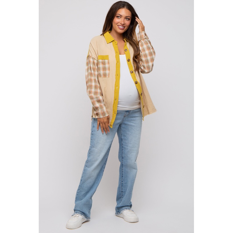 Beige Gauze Plaid Mix Button Up Maternity Top