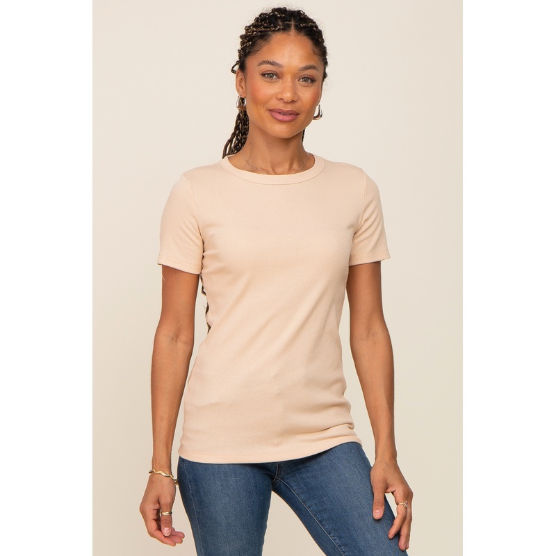 Beige Ribbed Short Sleeve Top