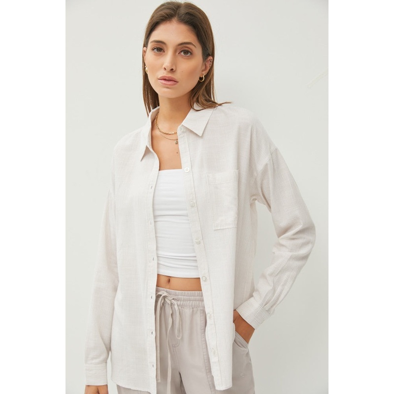Beige Striped Basic Button Down Top