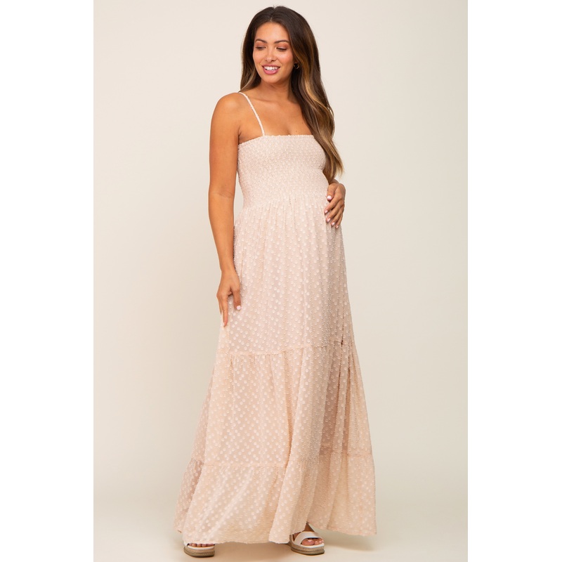Beige Textured Dot Chiffon Sleeveless Maternity Maxi Dress