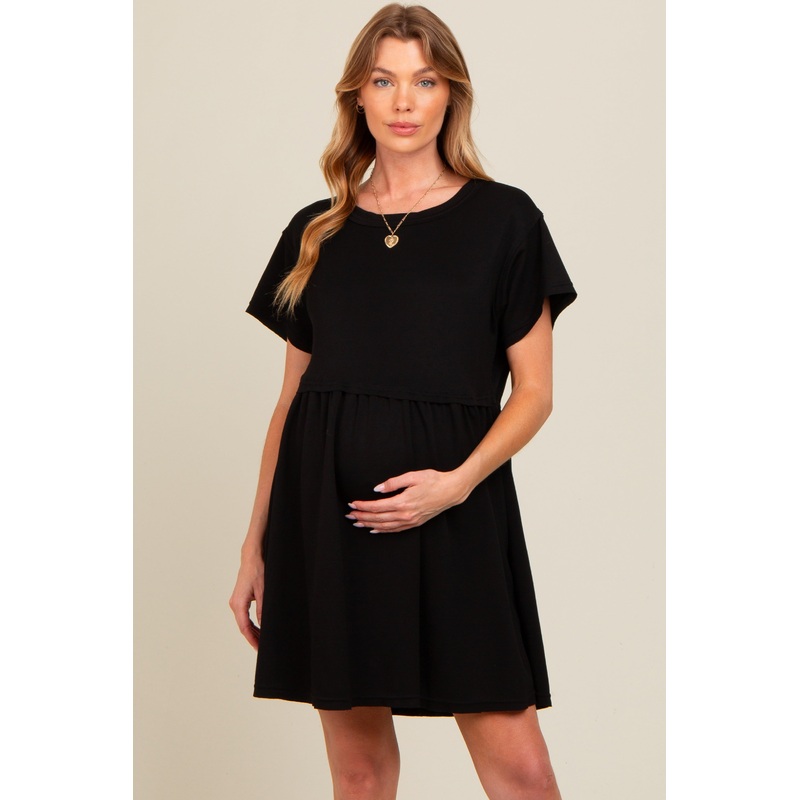 Black Cut Edge Short Sleeve Maternity Dress