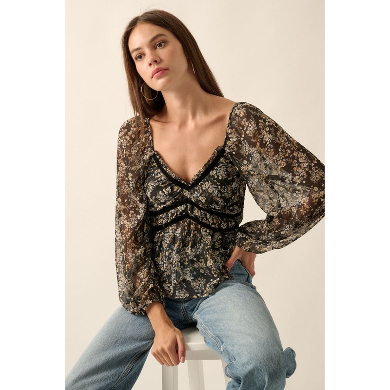 Black Floral Sweetheart Neck Semi Sheer Low Back Blouse