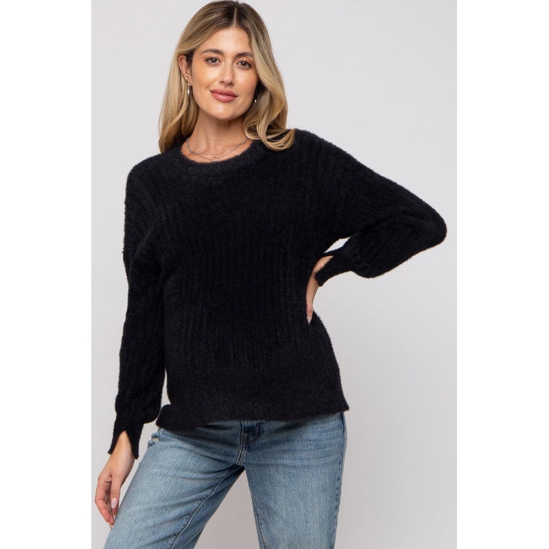 Black Fuzzy Ribbed Knit Maternity Sweater