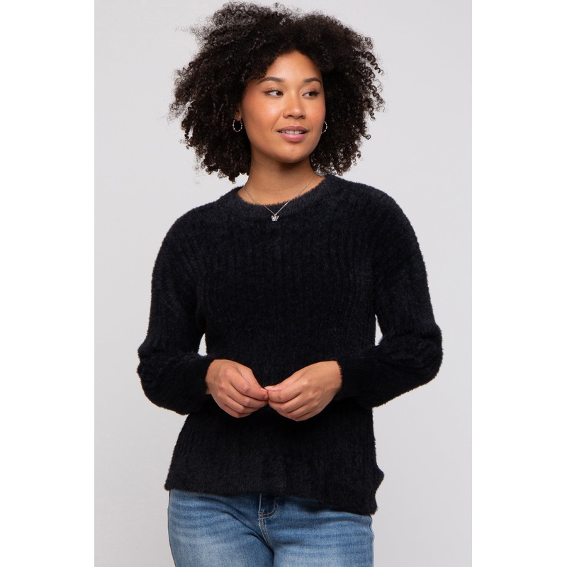 Black Fuzzy Ribbed Knit Sweater