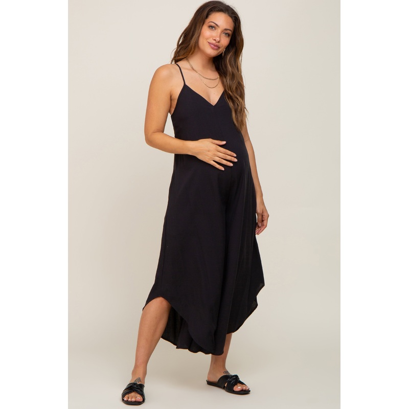 Black Sleeveless Asymmetrical Hem Maternity Jumpsuit