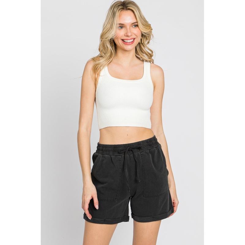Black Washed Cuffed Pocketed Shorts