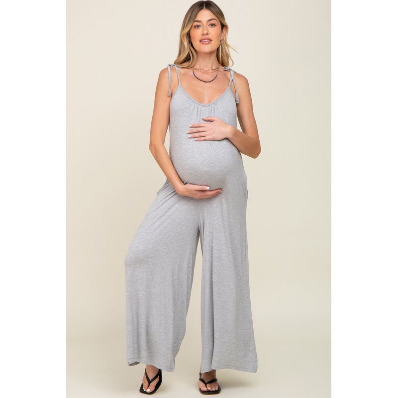 Heather Grey Shoulder Tie Soft Knit Maternity Jumpsuit