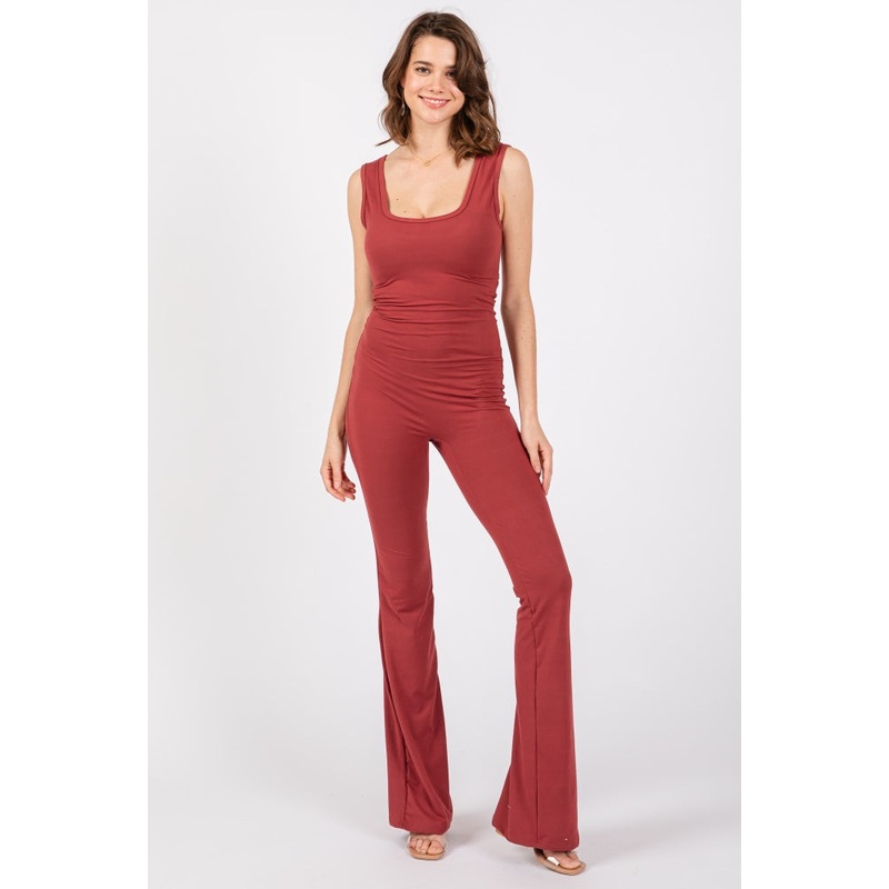 Rust Open Back Ruched Sleeveless Jumpsuit