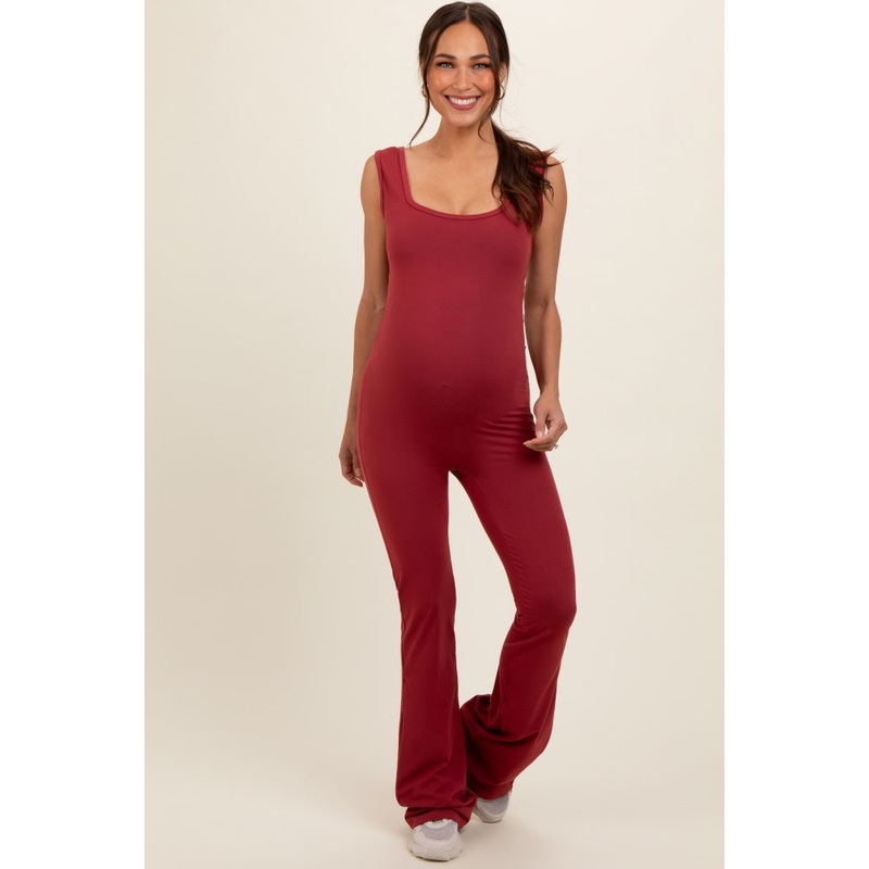 Rust Open Back Ruched Sleeveless Maternity Jumpsuit