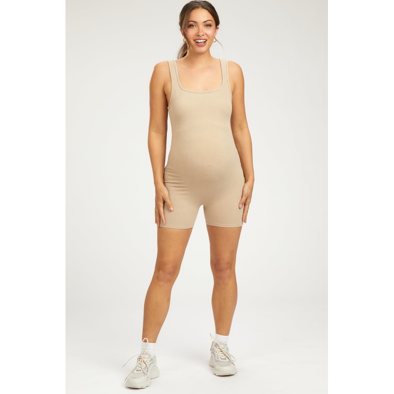 Taupe Ribbed Square Neck Sleeveless Maternity Romper