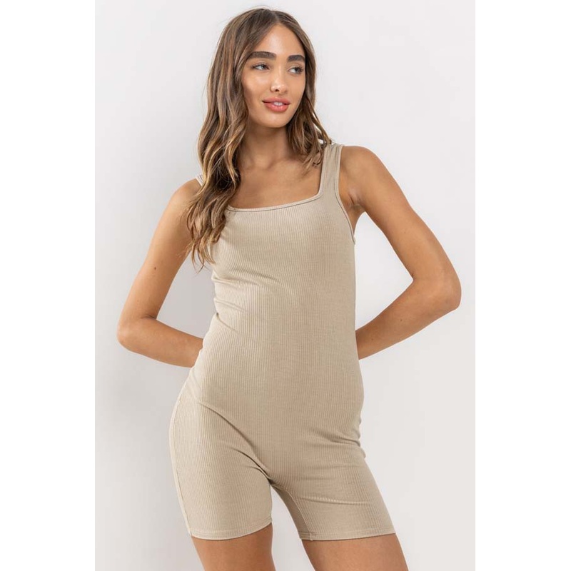 Taupe Ribbed Square Neck Sleeveless Romper