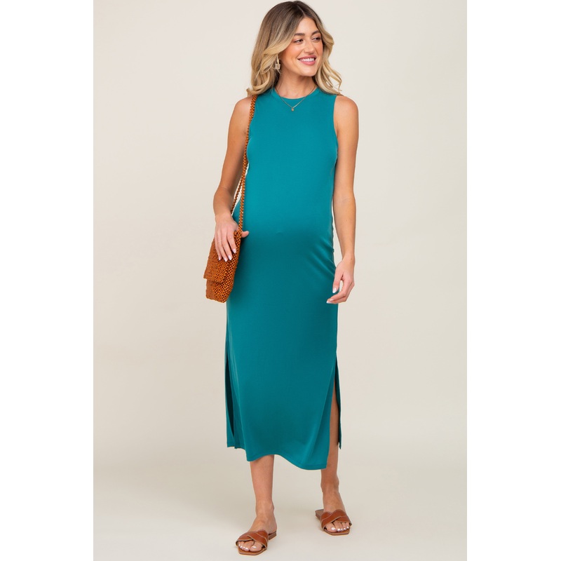Teal Soft Knit Sleeveless Maternity Midi Dress