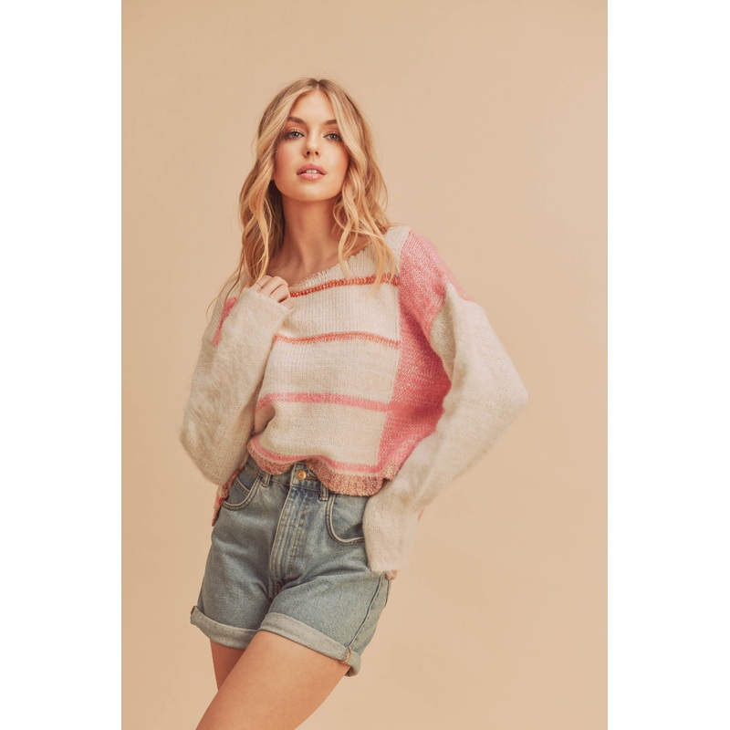 White Pink Knit Stripe Pullover Sweater