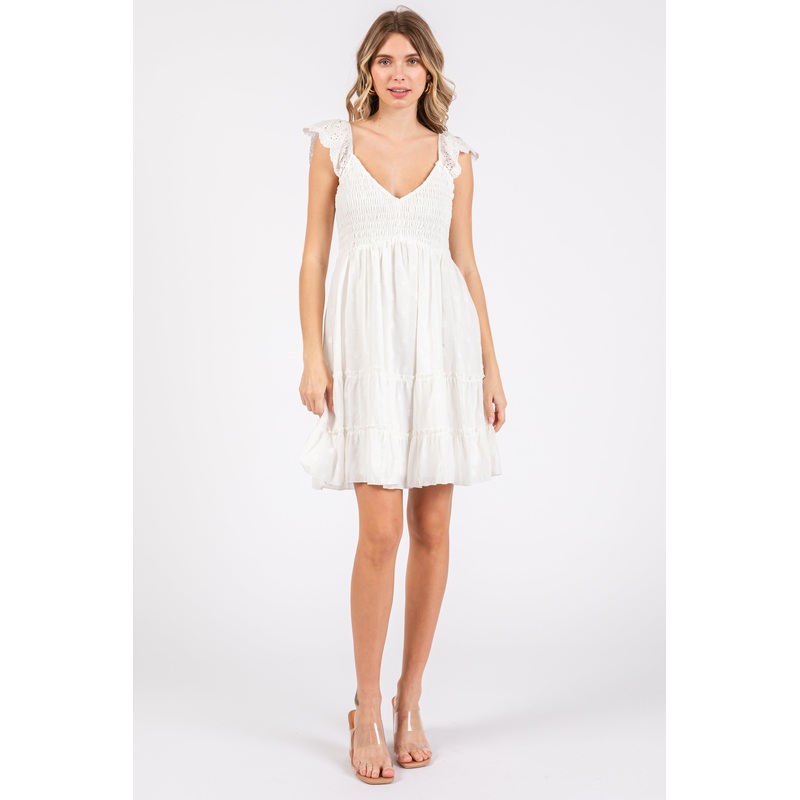 White Textured Polka Dot Eyelet Shoulder V-Neck Dress