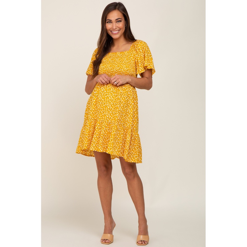 Yellow Floral Smocked Square Neck Ruffle Hem Maternity Dress