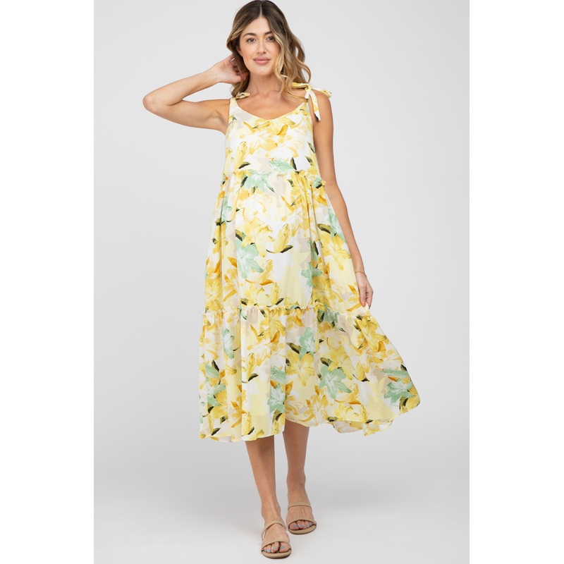 Yellow Floral Tiered Shoulder Tie Maternity Midi Dress