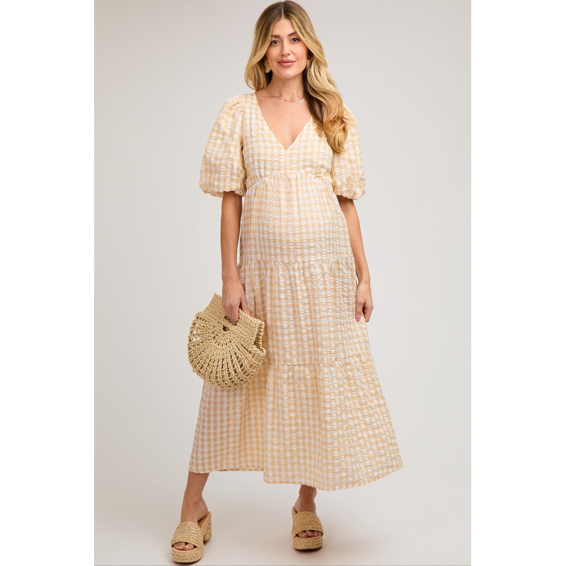 Yellow Gingham Puff Sleeve Maternity Tiered Midi Dress