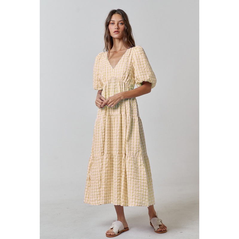 Yellow Gingham Puff Sleeve Tiered Midi Dress