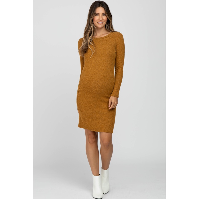 Yellow Knit Long Sleeve Maternity Dress