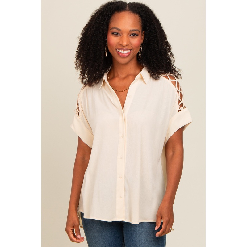 Beige Button Down Lace-Up Shoulder Top