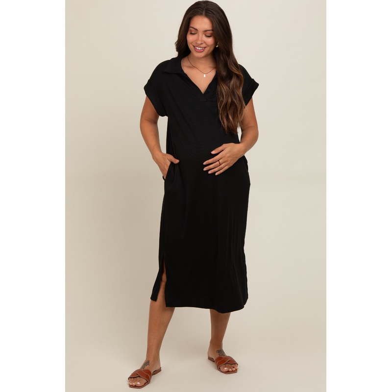 Black Collared Side Slit Maternity Midi Dress