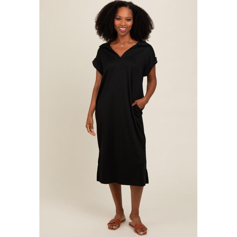 Black Collared Side Slit Midi Dress
