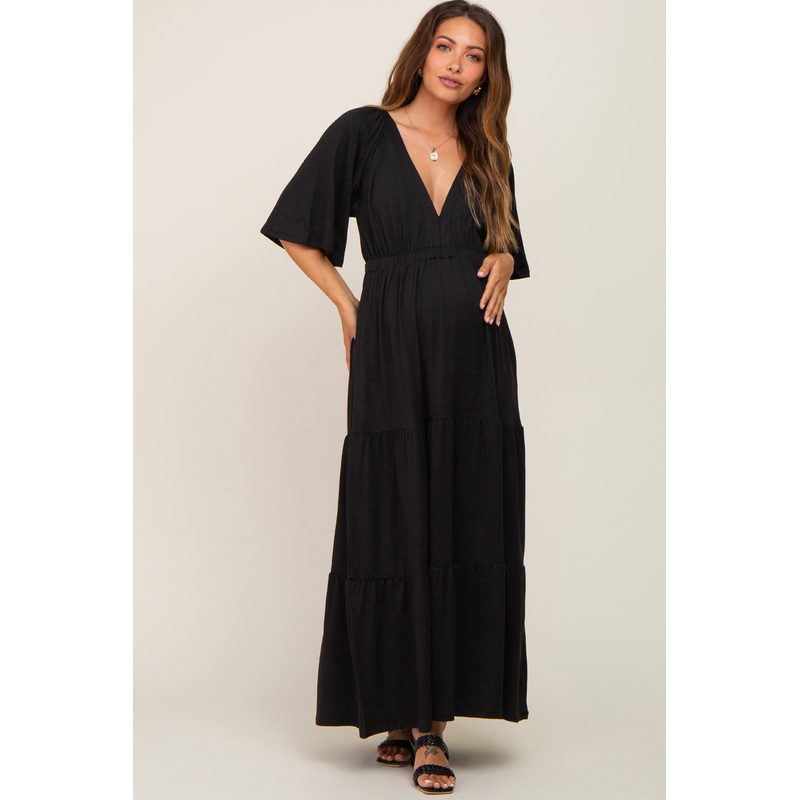 Black Deep V-Neck Tiered Maternity Maxi Dress