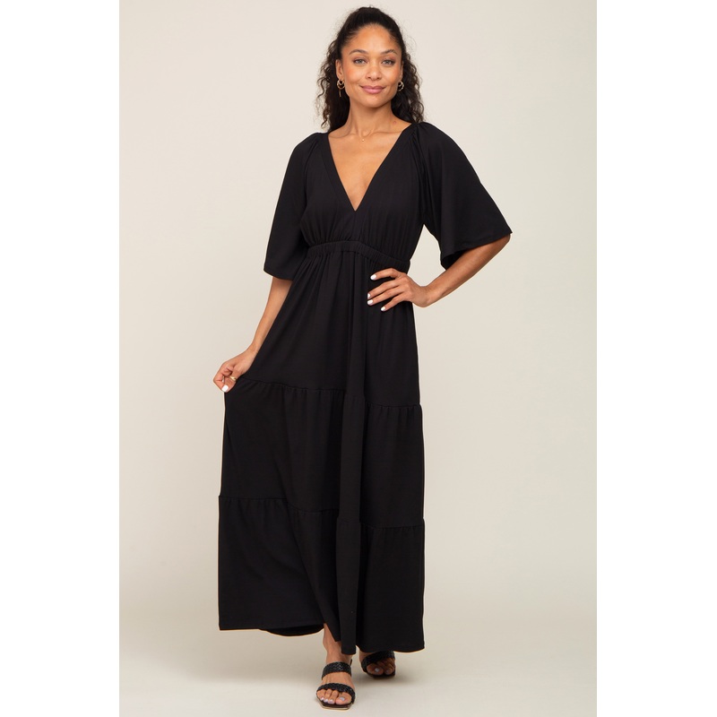Black Deep V-Neck Tiered Maxi Dress