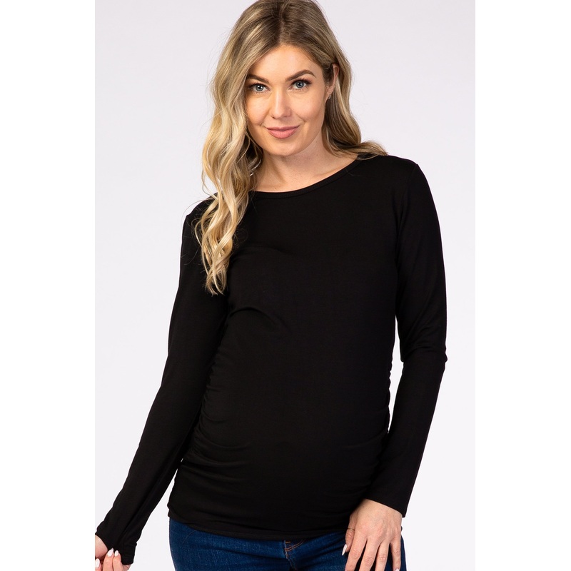 Black Long Sleeve Ruched Fitted Maternity Top