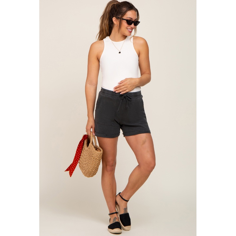 Black Washed Cuffed Pocketed Maternity Shorts