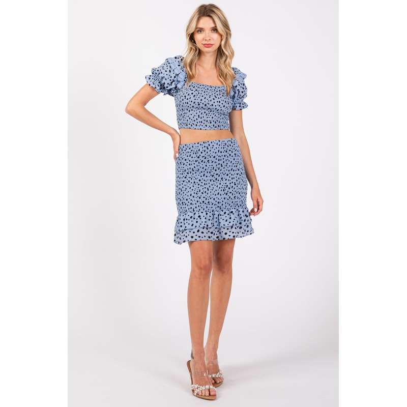 Blue Smocked Ruffled Detail Crop Top Skirt Set