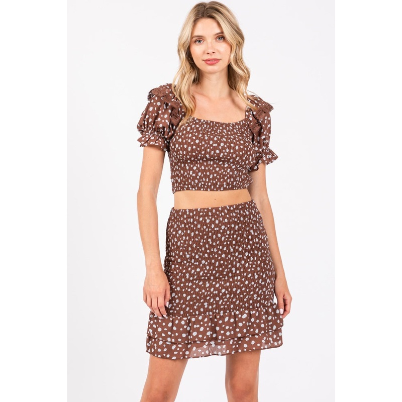 Brown Smocked Ruffled Detail Crop Top Skirt Set