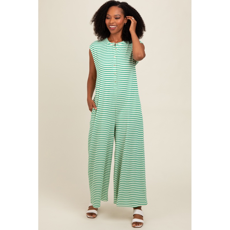 Green Striped Button Up Wide Leg Jumpsuit