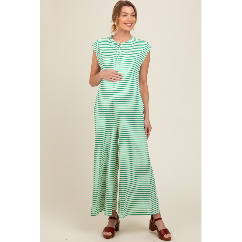 Green Striped Button Up Wide Leg Maternity Jumpsuit