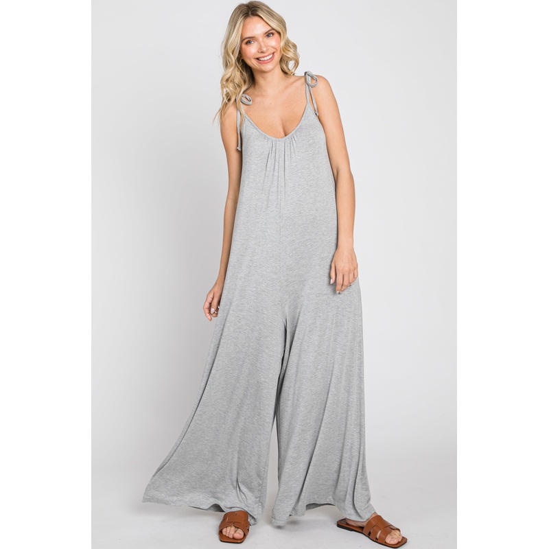 Heather Grey Shoulder Tie Soft Knit Jumpsuit