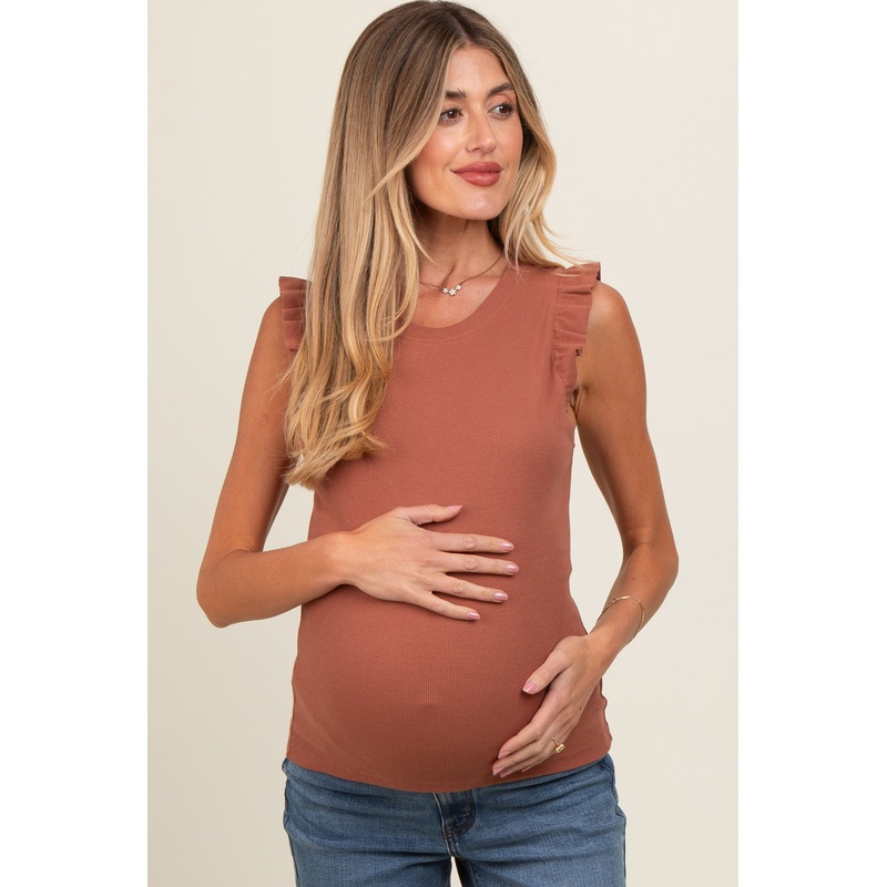 Rust Ribbed Ruffle Shoulder Maternity Tank Top