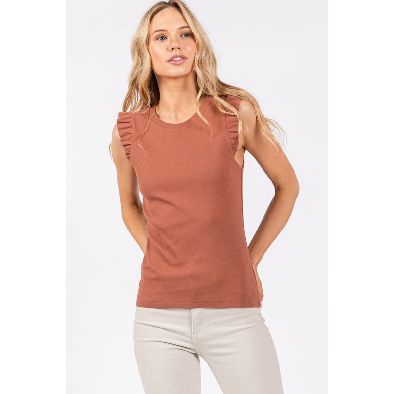 Rust Ribbed Ruffle Shoulder Tank Top