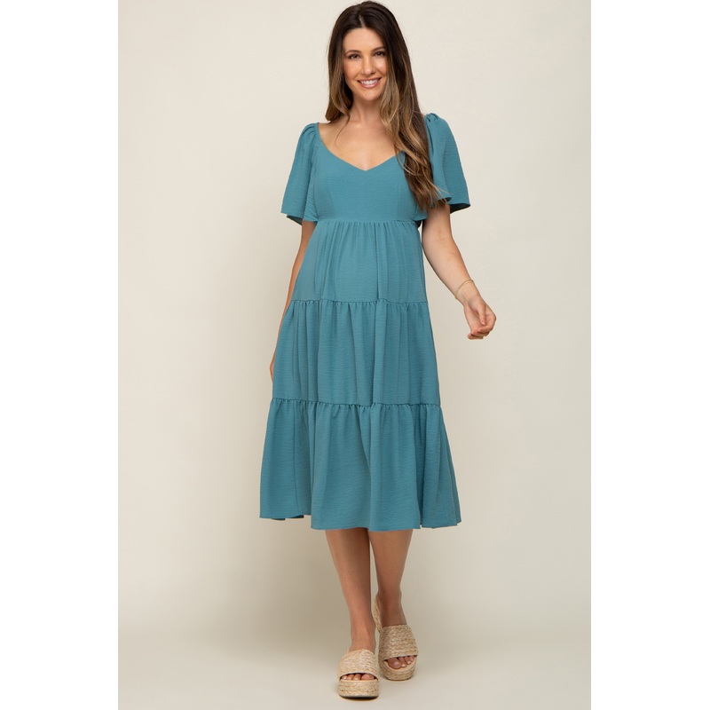 Teal Tiered Criss Cross Back Maternity Midi Dress