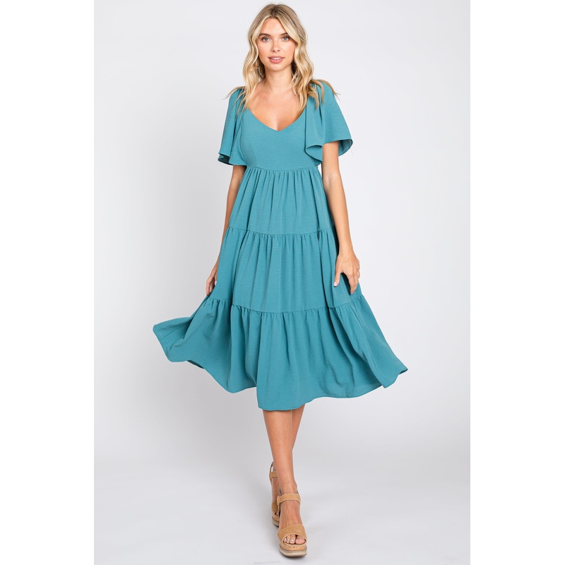 Teal Tiered Criss Cross Back Midi Dress