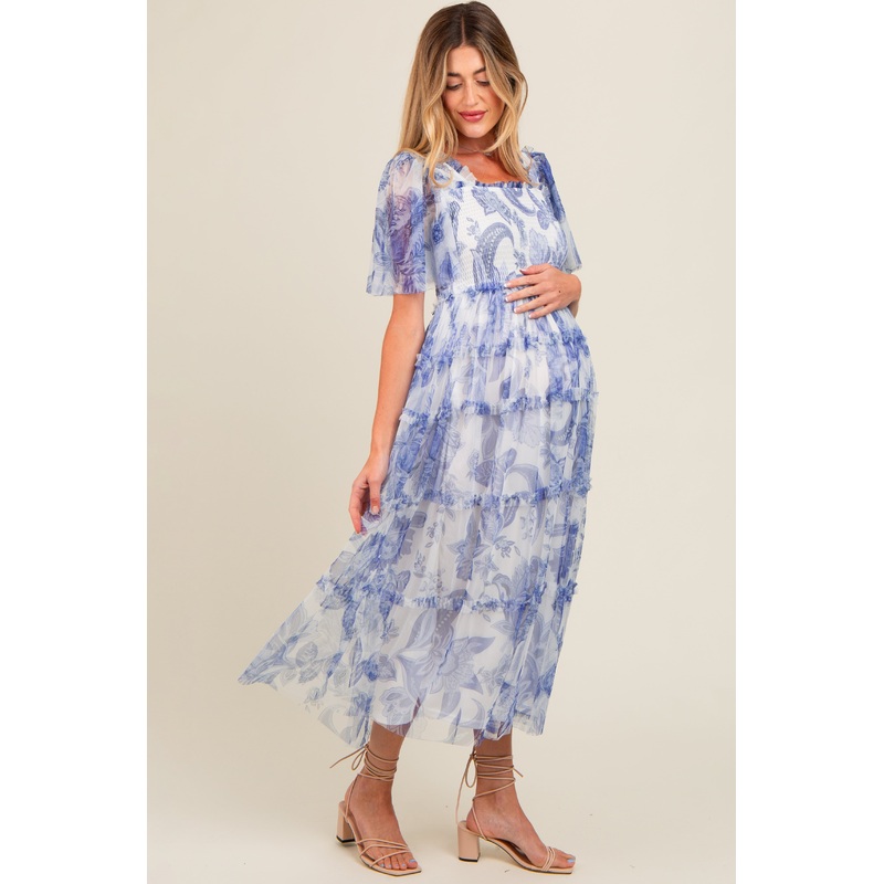 White Floral Smocked Tulle Maternity Maxi Dress