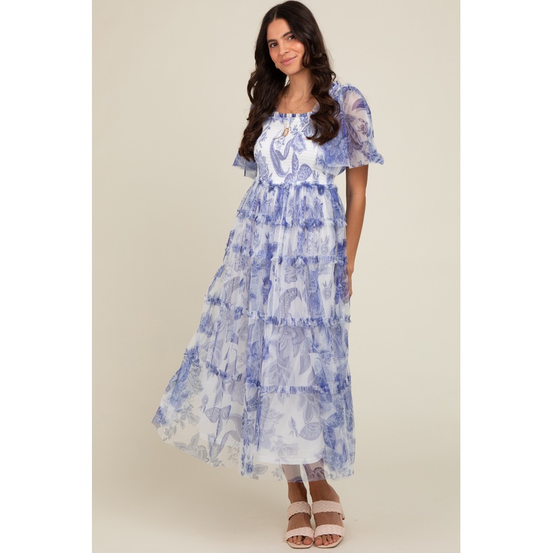 White Floral Smocked Tulle Maxi Dress